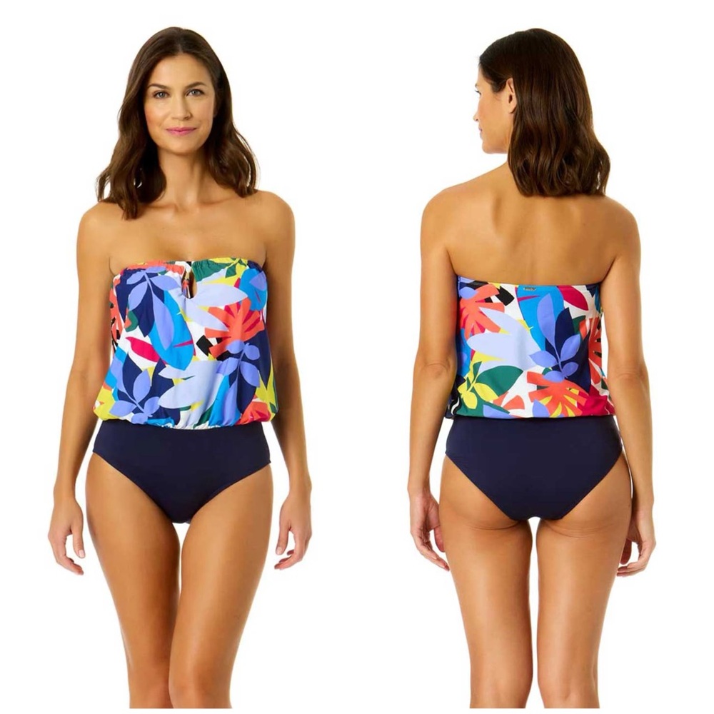 Anne Cole One Piece Tropic Stamp Bandeau Blouson Swimsuit Size 6‎
